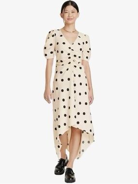 A New Day Cream Polka Dot V-Neck Asymmetrical Hem Dress with Puff Sleeves XL